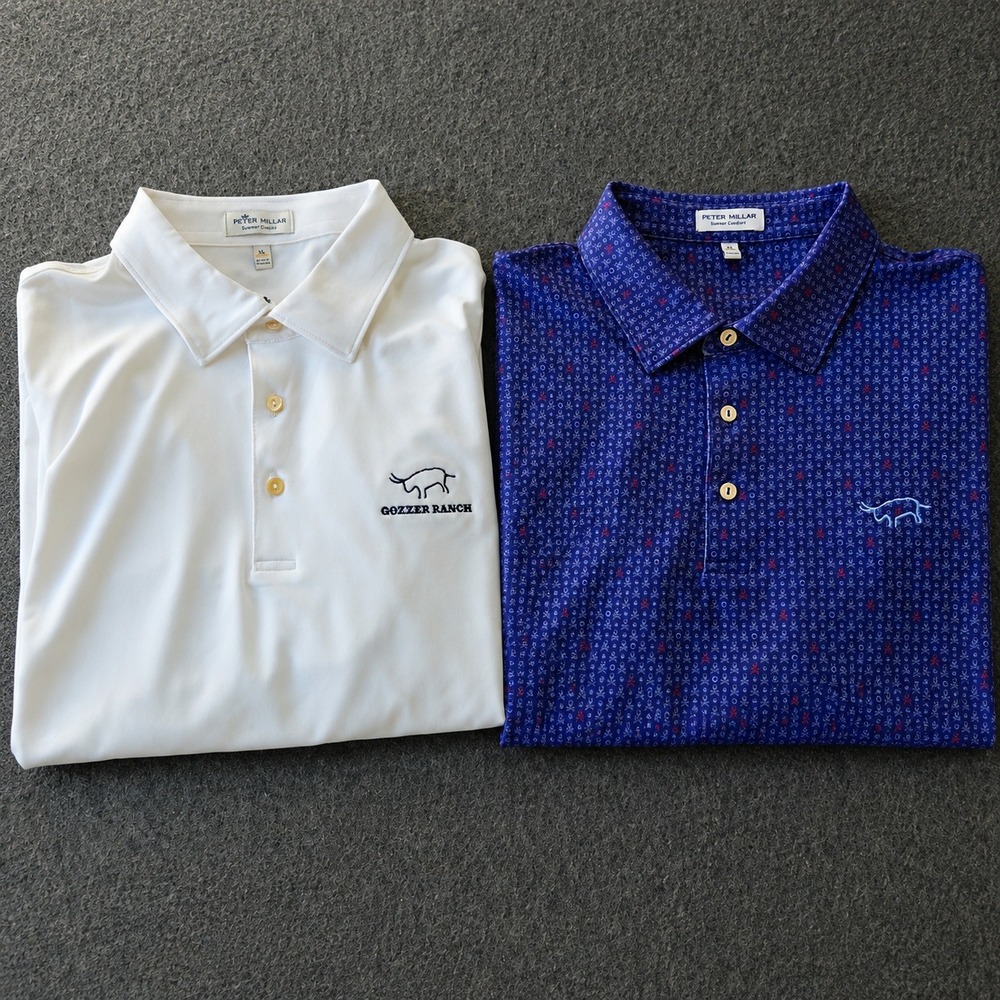 Two NWOT Peter Millar Summer Comfort Gozzer Ranch Polos XL White/All Over Skull